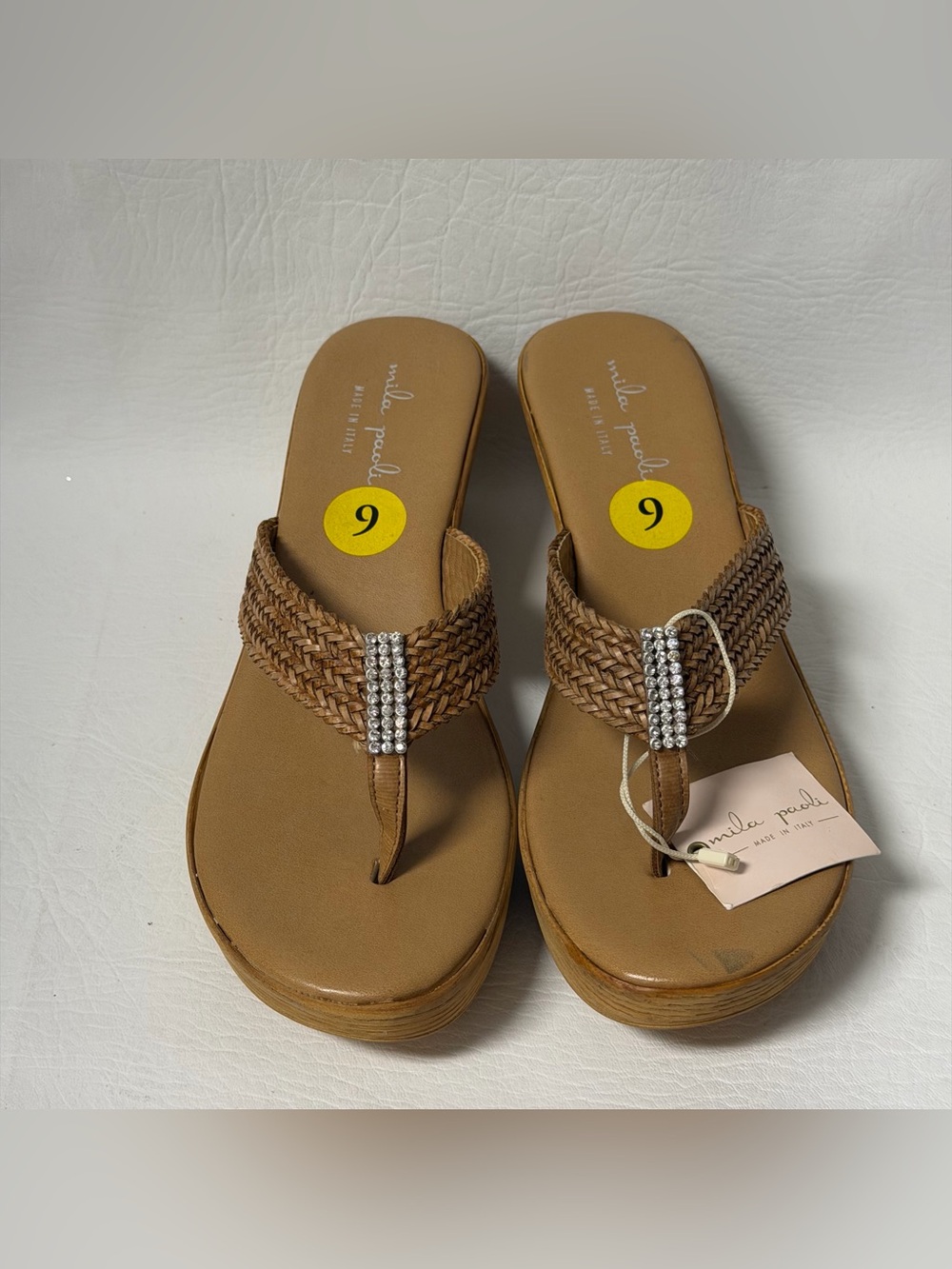 Mila Paoli Brown Woven Thong Sandals with Rhinestone Accent Sz 9